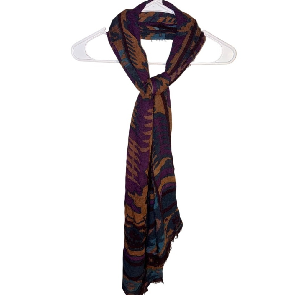 Womens Boho Geometric Fringed Scarf Purple Orange Teal Abstract Lightweight Wrap